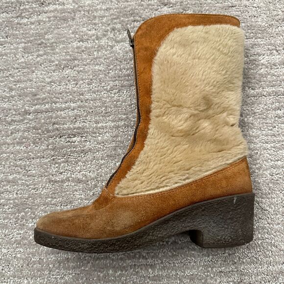 VTG Quoddy Moccasins Boots Brown Shearling Leather USA Made 60s Western Boho - Picture 2 of 15